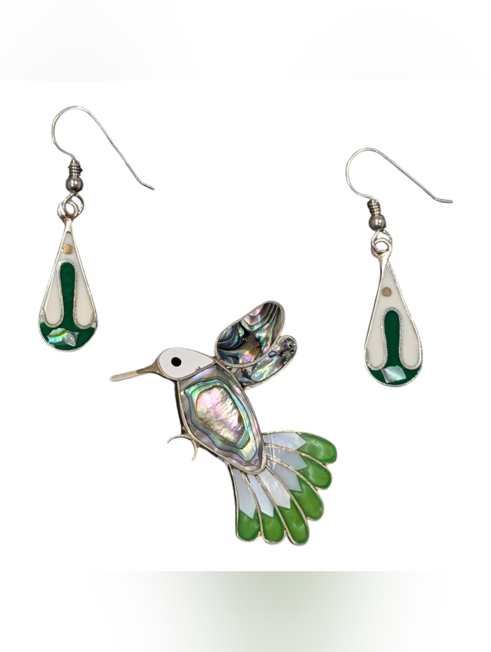 Vintage Alpaca Green Inlay Abalone Hummingbird Brooch and Earrings Set
